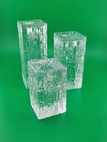 Rare Vintage Set Of 3 Nybro Crystal Heavy Glass Candlestick Holders Ice Pillars