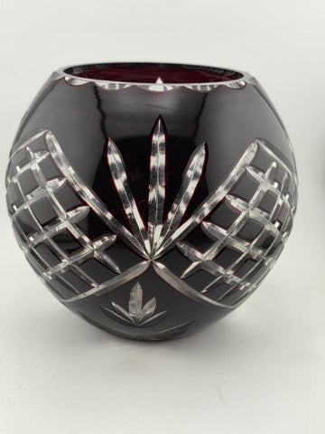 XL AJKA ODESSA CAROLINE  Cranberry Cut Clear Hungarian Crystal Rose Bowl