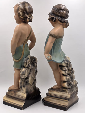 Paor huge 1920 French Art Deco Chalkware polychrome boy & girl figurine statues