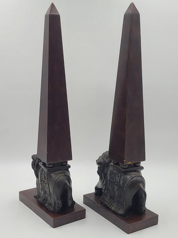Rare 21" Wildwood Accents Bronze Lion Wood Obelisk Bookends Pair Neoclassical