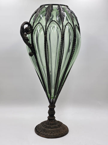 Rare Antique 19th C Murano Green Caged Blown Glass Urn Vase Centerpiece. 23 In