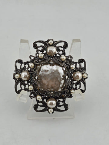 VTG 1950s Signed Miriam Haskell Brooch Pin 1 7/8 Filigree Faux Pearls Ornate