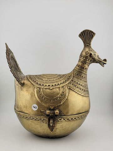 Antique Brass Decorative Indo-Islamic Dhokra Betel Nut Peacock Box With Lid.