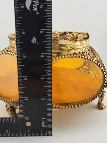 Antique Ormolu Filigree Trinket Casket Vitrine Box, 5-Sided Beveled Amber Glass