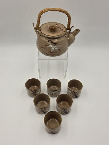 Vintage Japanese Ceramic Tea Set Bamboo Motif Teapot & 6 Cups Stoneware. VG Cond