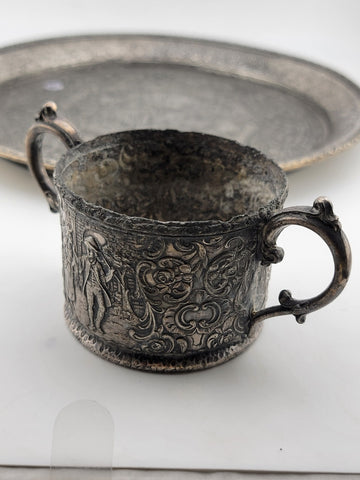 Antique 19C Silver Plate Derby Silver Repousse Plate Dutch Scenes W Engraved Cup