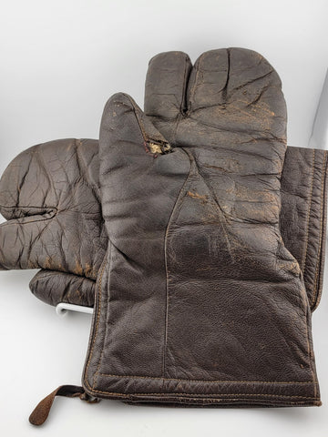 Original WW2 U.S. Navy Aviation Brown Leather Gunner's 3 Finger Gloves/Mittens