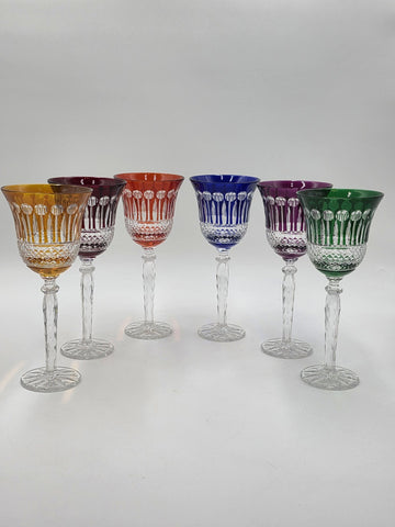 Gourgeous Set Of 6 Colorful Cut to Clear Crystal 8 3/4" Tall Hock Wine Glasses
