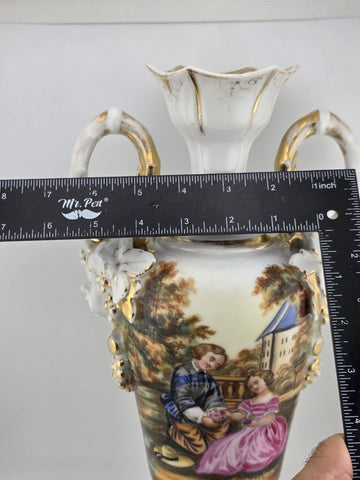 Antique 19thC Hand Painted Porcelain Vase Romantic Scene Gold Gilt Paris Style