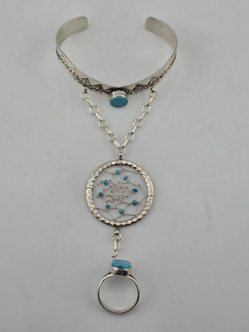 Vintage RB 925 Sterling Silver Turquoise Hand Chain Slave Bracelet Southwestern