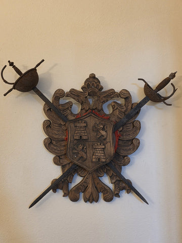 Antique Large Spanish Walnut Wood Carved Family Coat of Arms W 2 Tolido Swords.