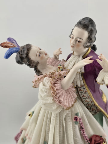 Unterweissbach Dresden Lace Dancing Couple Figurine Large German Porcelain