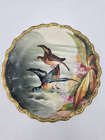 SET OF 2 ANTIQUE LIMOGES FRANCE LRL HAND PAINTED BIRDS CABINET PLATE SIGNED