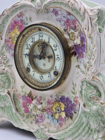 Antique 19thC Royal Bonn Germany La Corsica Ansonia Porcelain Mantel Clock Works