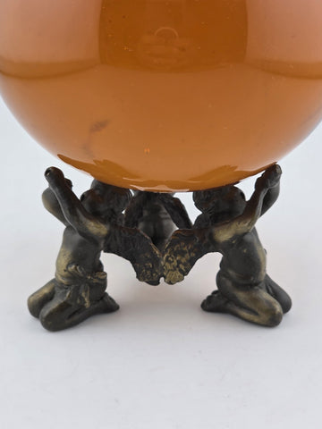 Vintage Amber Glass Crystal Ball Sphere w/ Brass Cherub Putti Base 4” Inch Dia.