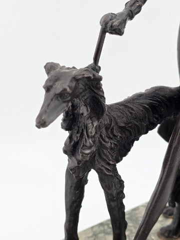 Rare 1930's Art Deco French Bronze Sculpture of Lady Walking Her Greyhound Dog.