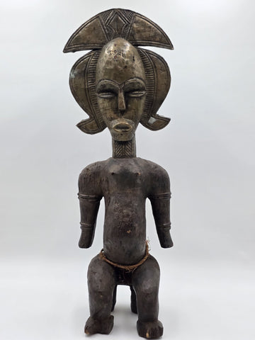 23" Antique Suku Congo Fertility Figure Wood Carving w/ Copper Wrap 1940s