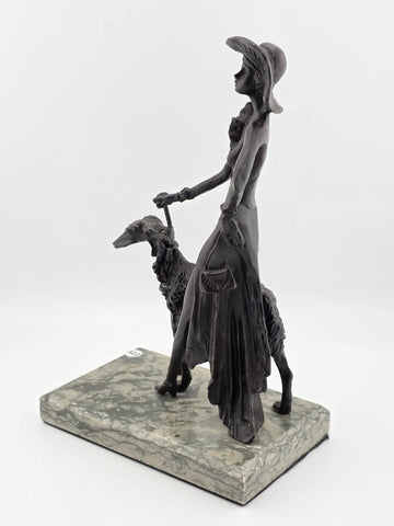 Rare 1930's Art Deco French Bronze Sculpture of Lady Walking Her Greyhound Dog.