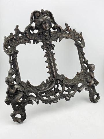 Antique Victorian Rococo Baroque Cast Iron Angel Cherub Double Picture Frame 4x5