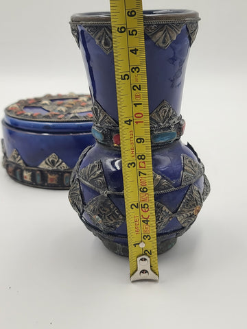 Vtg Mid Century Moroccan Berber Style Cobalt Ceramic Box Vase Metal Inlay Set