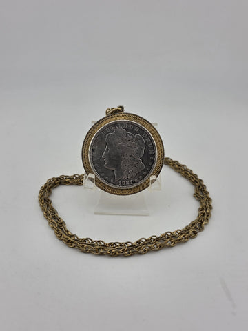 Antique 1921 Morgan Silver Dollar Pendant & 24" Gold Plated chain.