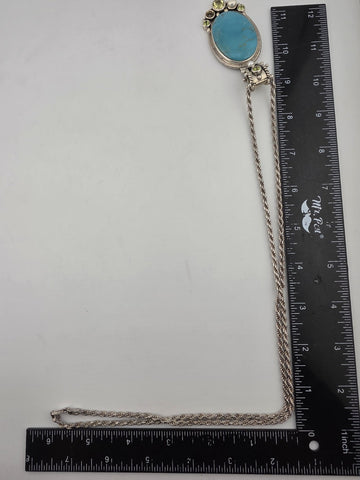 Vintage Large 925 Sterling Silver Turquoise Peridot Pearl Pendant Necklace. Read