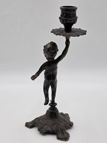 Rare Antique Bronze Brass Putto Cherub Figural Candlestick Rococo 8.5"