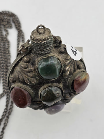 Antique 1900 Imperial Russian Brass & Stone Perfume Bottle Vial Pendant Necklace