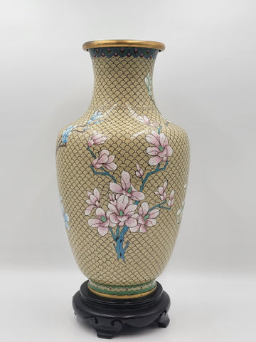 XL Cloisonné Vase Beautiful Floral  Fine Wirework Interior Brass 17 inches tall