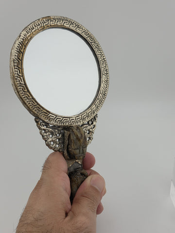 Rare Antique Chinese Ornate Jade and Silver  Carved Dragon Hand Mirror
