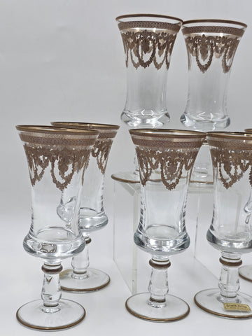 Set Of 8 Neiman Marcus Arte Italica Medici 24K Gold Glasses Goblets. 8 In Tall.