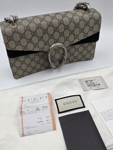New W Tag Gucci GG Supreme Dionysus Medium Shoulder Bag with Chain Strap.
