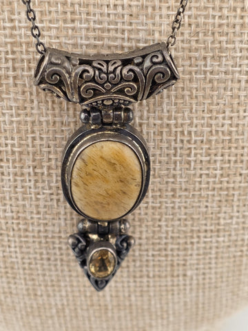 South America Artisan 925 Sterling Silver Jasper Citrine Hinged Pendant Necklace