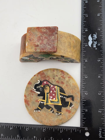 Rare Set Handcrafted Marble Soapstone 6 Coaster Elephant Painted Art India