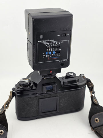 Vintage 70's Nikon EM 35mm Film Camera + 50mm f1.8 Lens + Vivitar Flash Untested