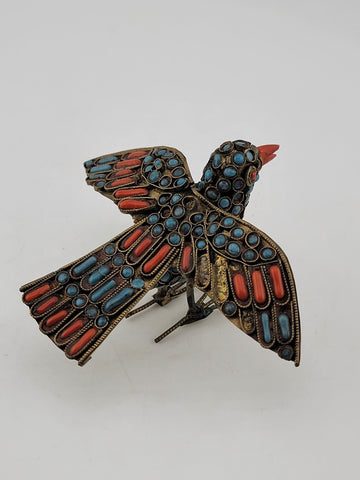 Antique Handmade Brass Turquoise Coral Glass Decorated Bird Ornament Middle East