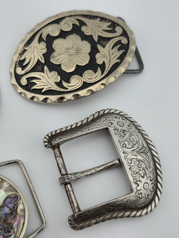 Vintage Western Belt Buckle Lot Abalone Mexico Stone Floral Cowboy 4 Pc Lot.