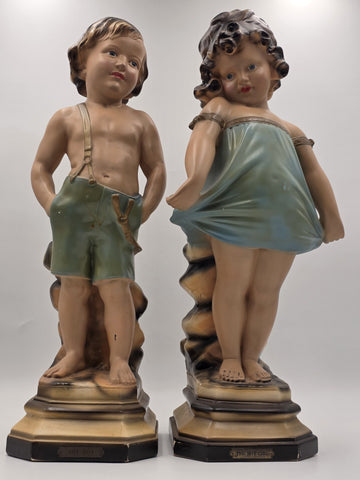 Paor huge 1920 French Art Deco Chalkware polychrome boy & girl figurine statues