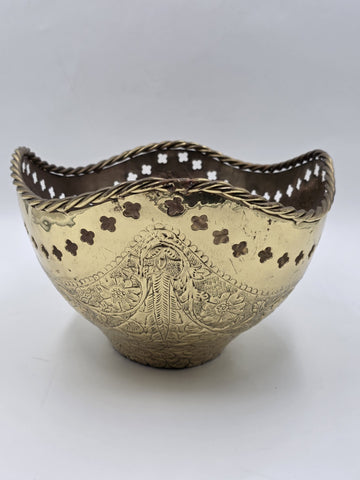 Large Antique Hand Hammered Brass Pierced Floral Bowl Jardiniere Rope Rim