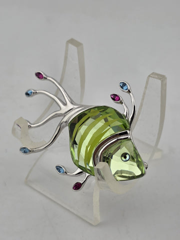 Rare Swarovski Rhodium Plated Green Crystal Fish Brooch Pin W Stafforshire Vase