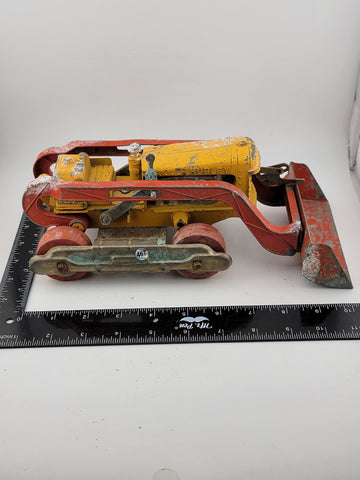 VINTAGE HUBLEY DIESEL VINT DIECAST RED/ORANGE ENML OVERHEAD TOY BULLDOZER