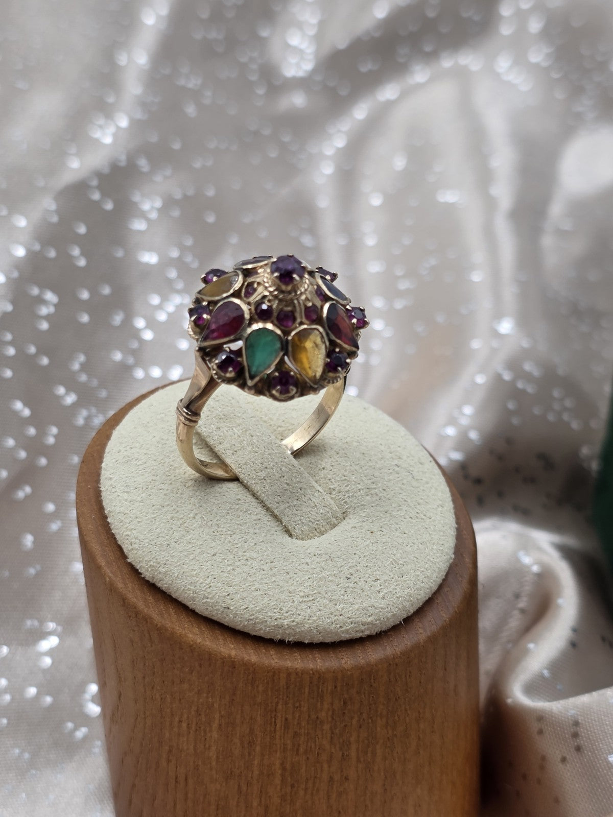 Vintage 14K Gold Multi Gemstone Dome Cluster Ring Garnet Amethyst Citrine Sz 7