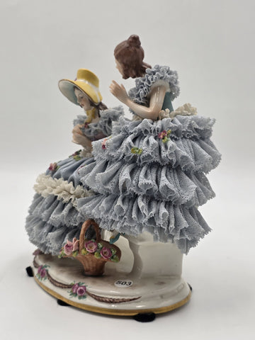 Antique German Dresden Lace Porcelain Figurine Two Ladies On Bench Volkstedt