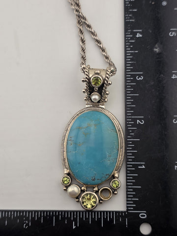 Vintage Large 925 Sterling Silver Turquoise Peridot Pearl Pendant Necklace. Read