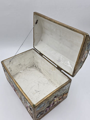 Rare Antique 19th C Large Capodimonte Gilded Porcelain Jewlery Box hand painted.