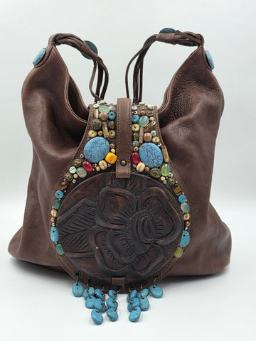 Vintage Cole Haan G Series Brown Leather Native American Style Large Hobo Bag