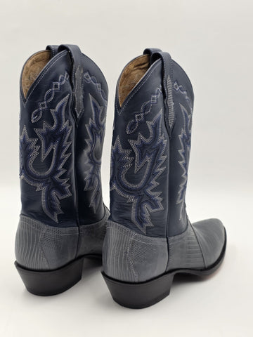 Vtg Dan Post Genuine Lizard Cowboy Boots Mens 9M Blue Denim Gray Exotic Western