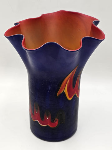 Vtg Azerbaijan Hand-Blown Art Glass Vase 13” Cobalt Red Flame Design Ruffled Top