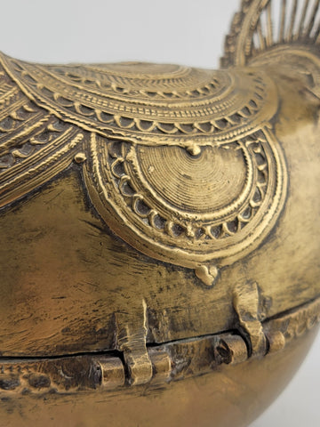 Antique Brass Decorative Indo-Islamic Dhokra Betel Nut Peacock Box With Lid.