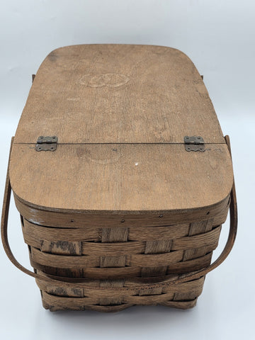 Antique C 1920's Picnic Basket 1" Woven Slats Naturally Aged Patina  Handles Lid